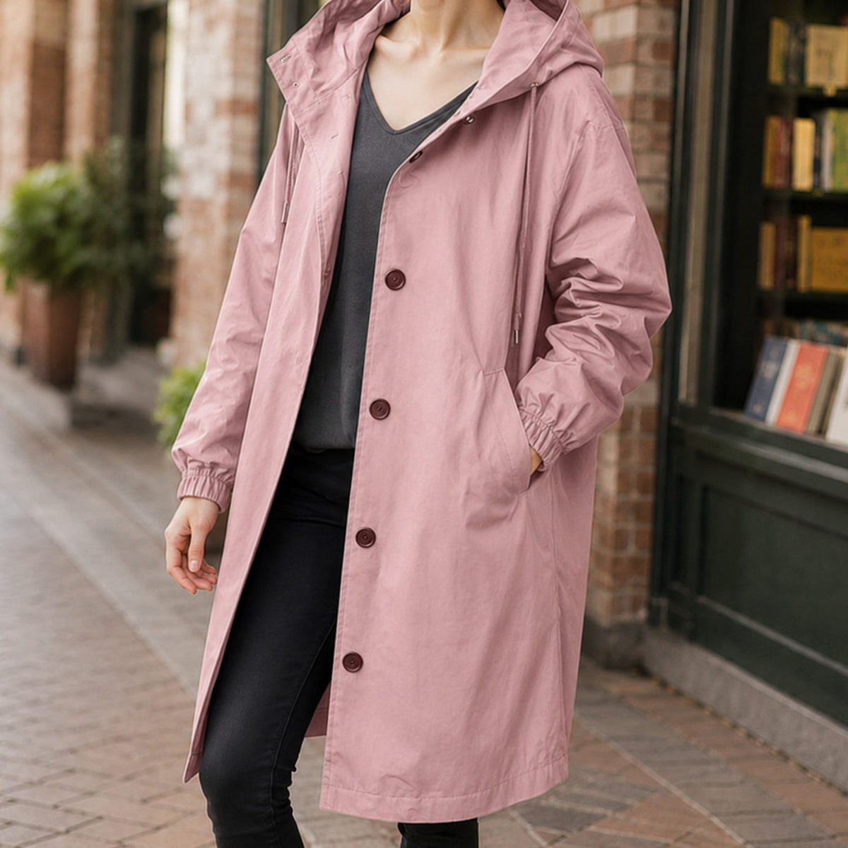 Abrigo largo con capucha para mujer, de corte holgado, con botones delanteros y hasta la rodilla