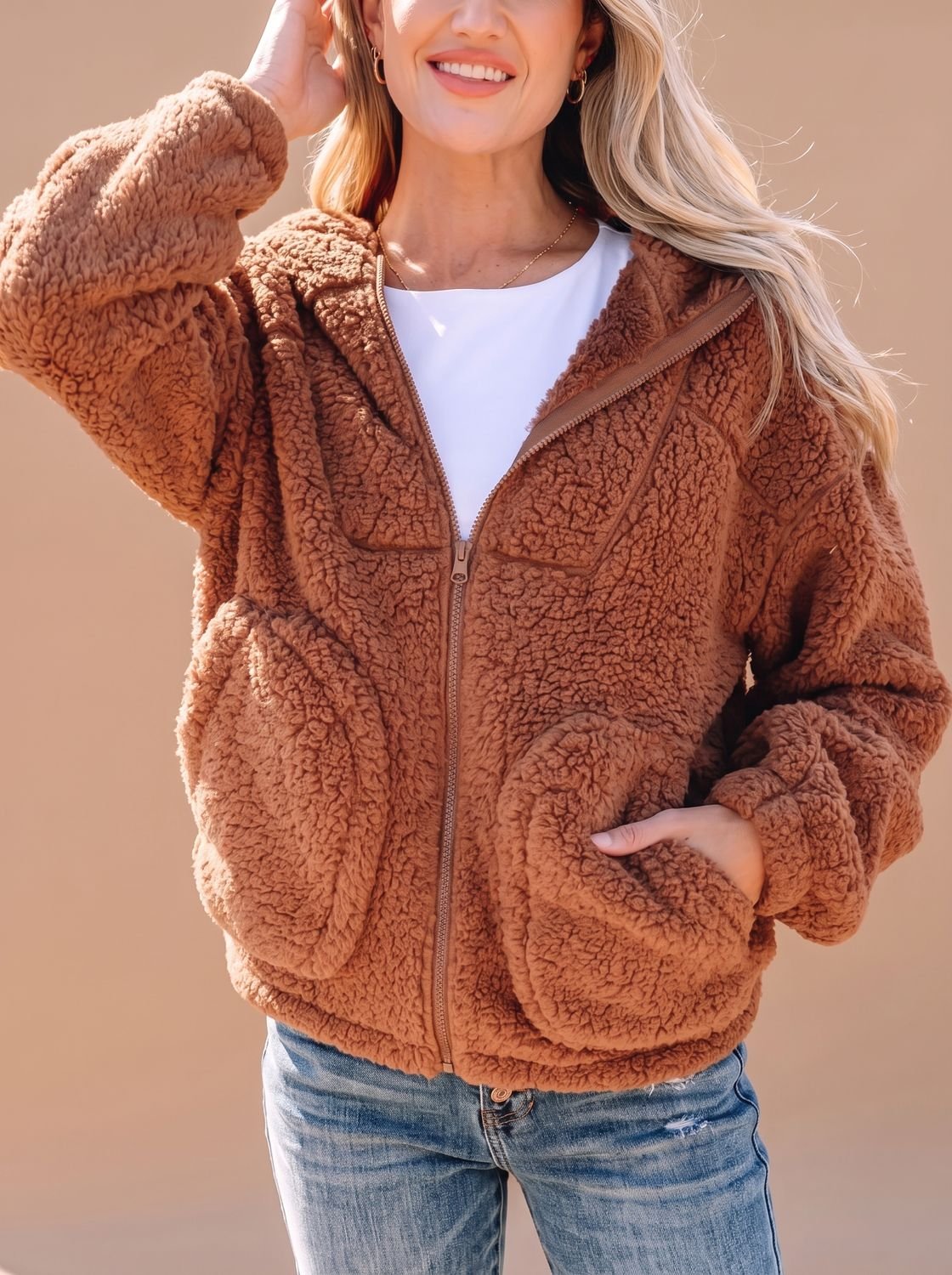 Willow | Chaqueta teddy con capucha para mujer, de corte holgado y cremallera