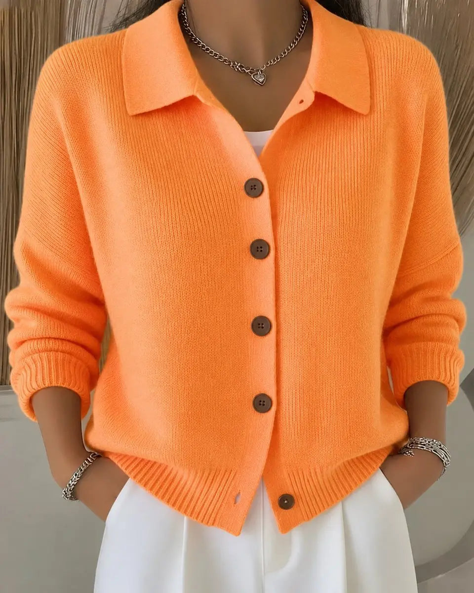 Cárdigan de punto para mujer, de corte holgado, con cuello de polo y botones delanteros