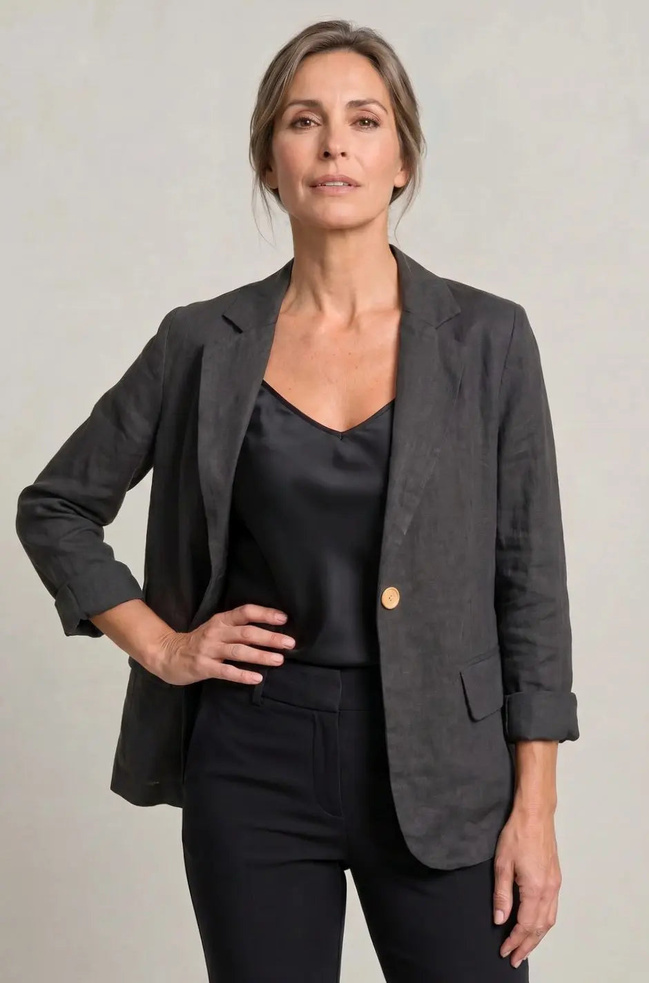 Blazer de lino para mujer, de corte holgado y con un botón, para looks de invitada de boda en otoño