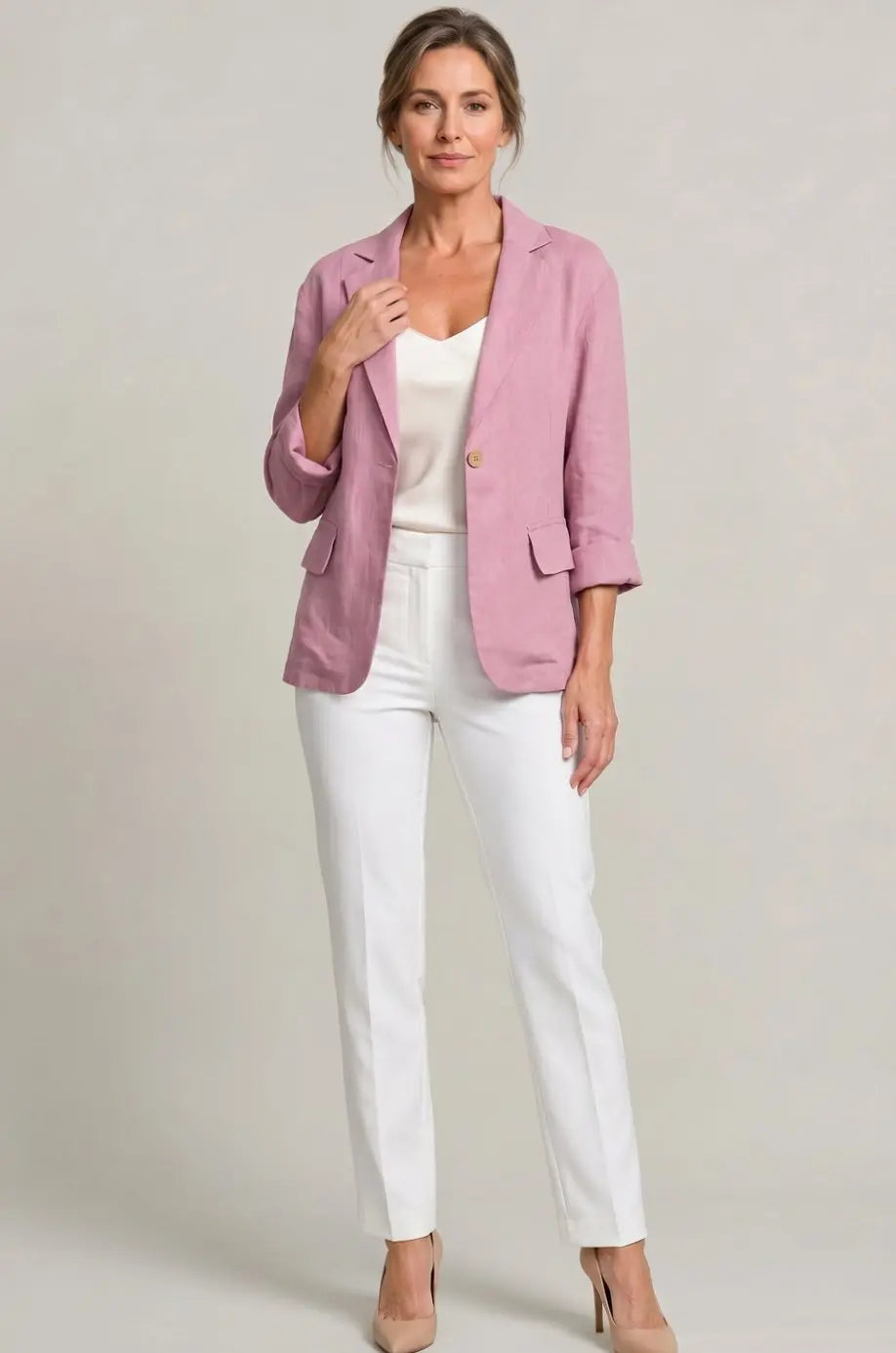 Blazer de lino para mujer, de corte holgado y con un botón, para looks de invitada de boda en otoño