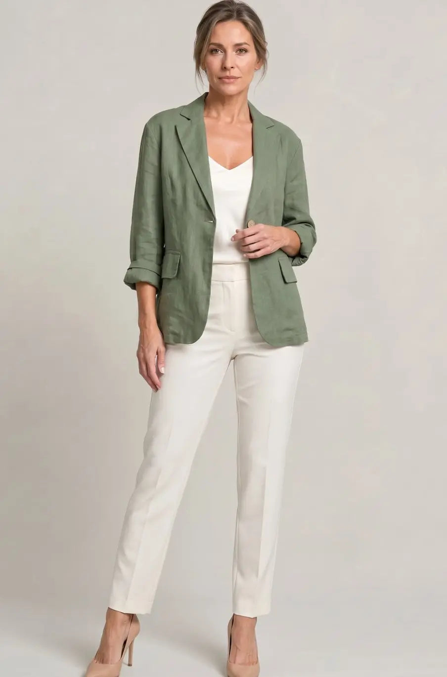 Blazer de lino para mujer, de corte holgado y con un botón, para looks de invitada de boda en otoño