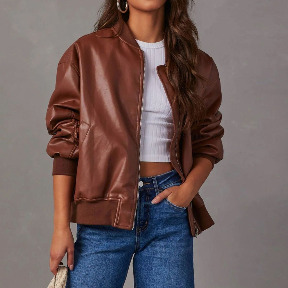 Chaqueta bomber de piel vegana para mujer, de corte holgado y con cremallera