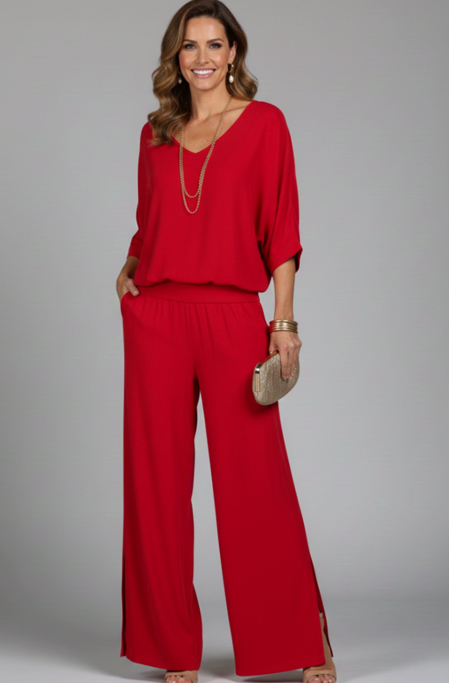 Conjunto de dos piezas de top de gasa y pantalón de pierna ancha, de corte holgado para mujer