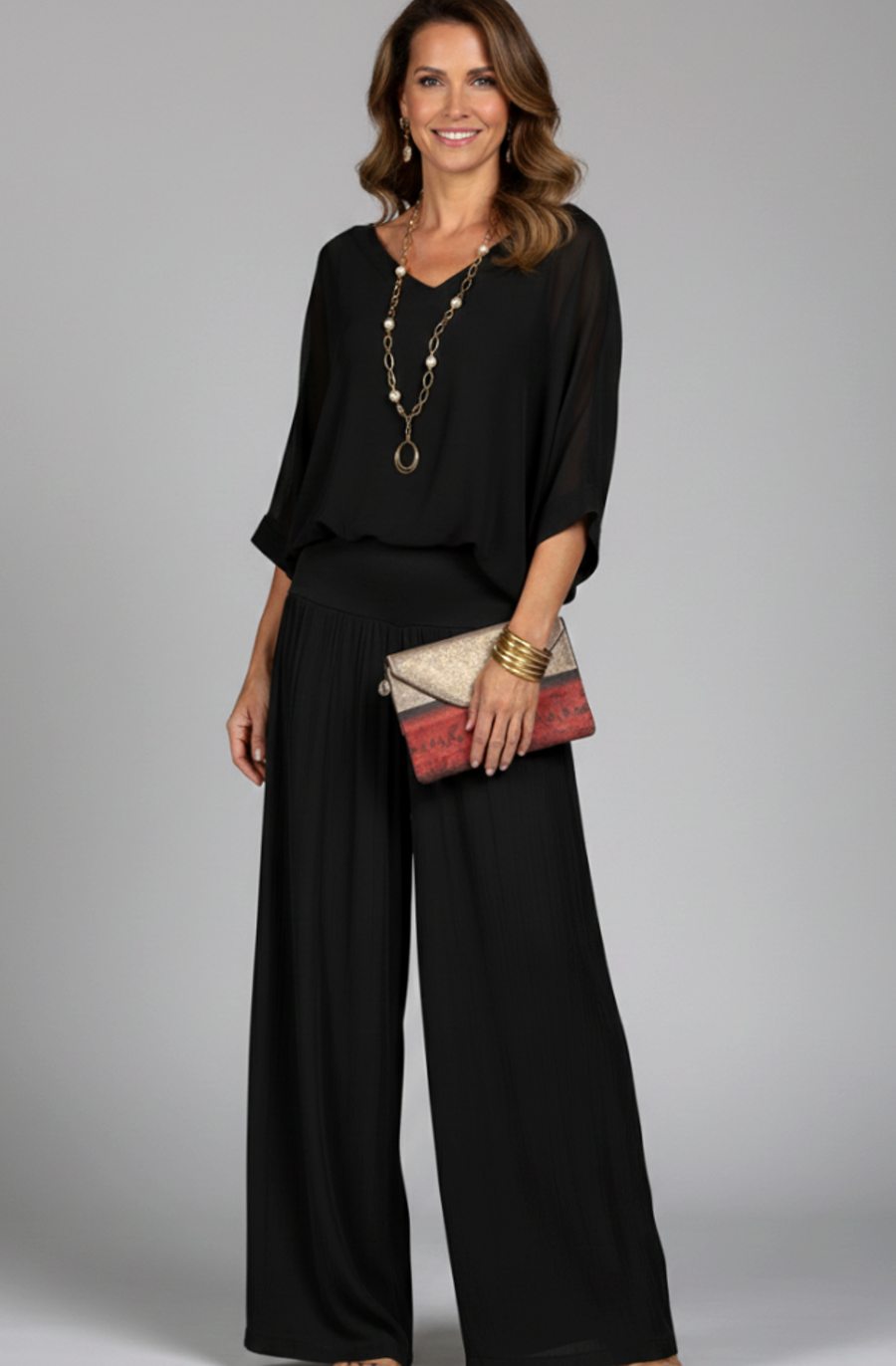 Conjunto de dos piezas de top de gasa y pantalón de pierna ancha, de corte holgado para mujer