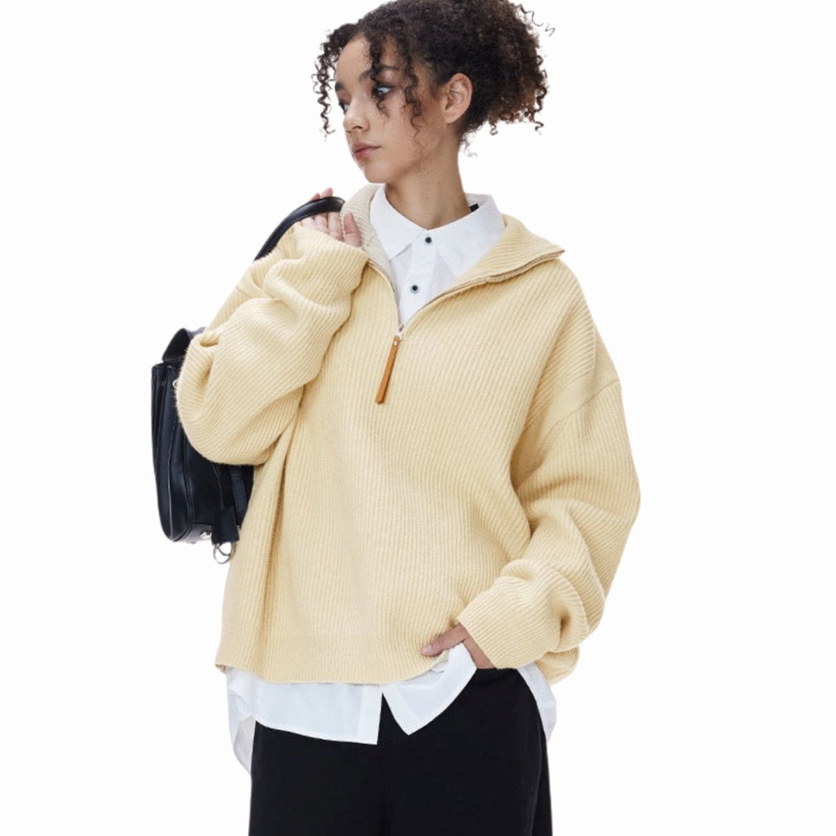 Jersey de punto de algodón acanalado para mujer, con media cremallera y cuello alto