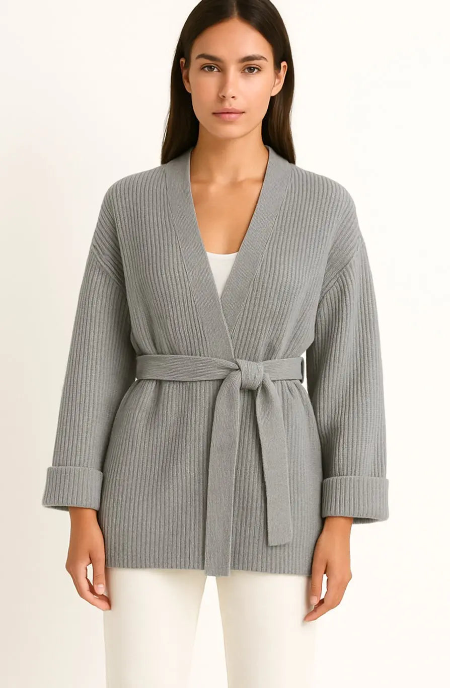 Jersey de punto acanalado para mujer con cárdigan envolvente, cinturón y cuello de pico