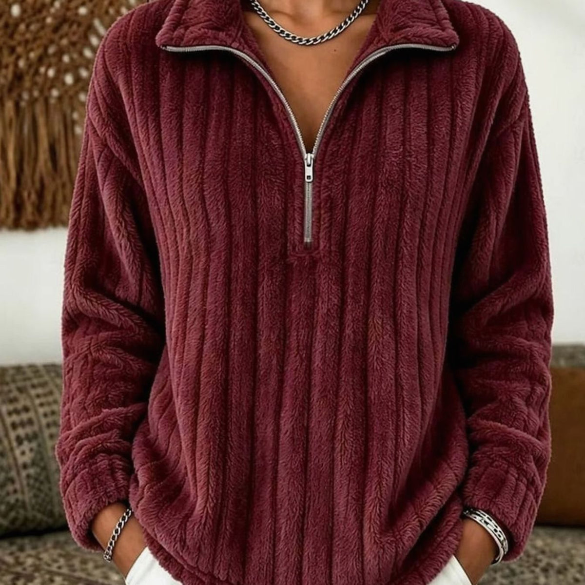 Jersey polar afelpado de punto acanalado para mujer, con cremallera de un cuarto