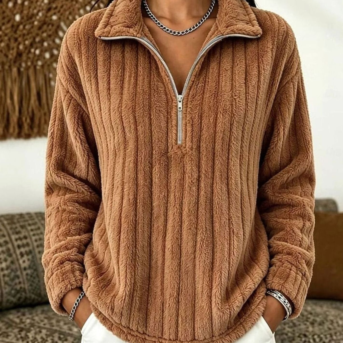 Jersey polar afelpado de punto acanalado para mujer, con cremallera de un cuarto