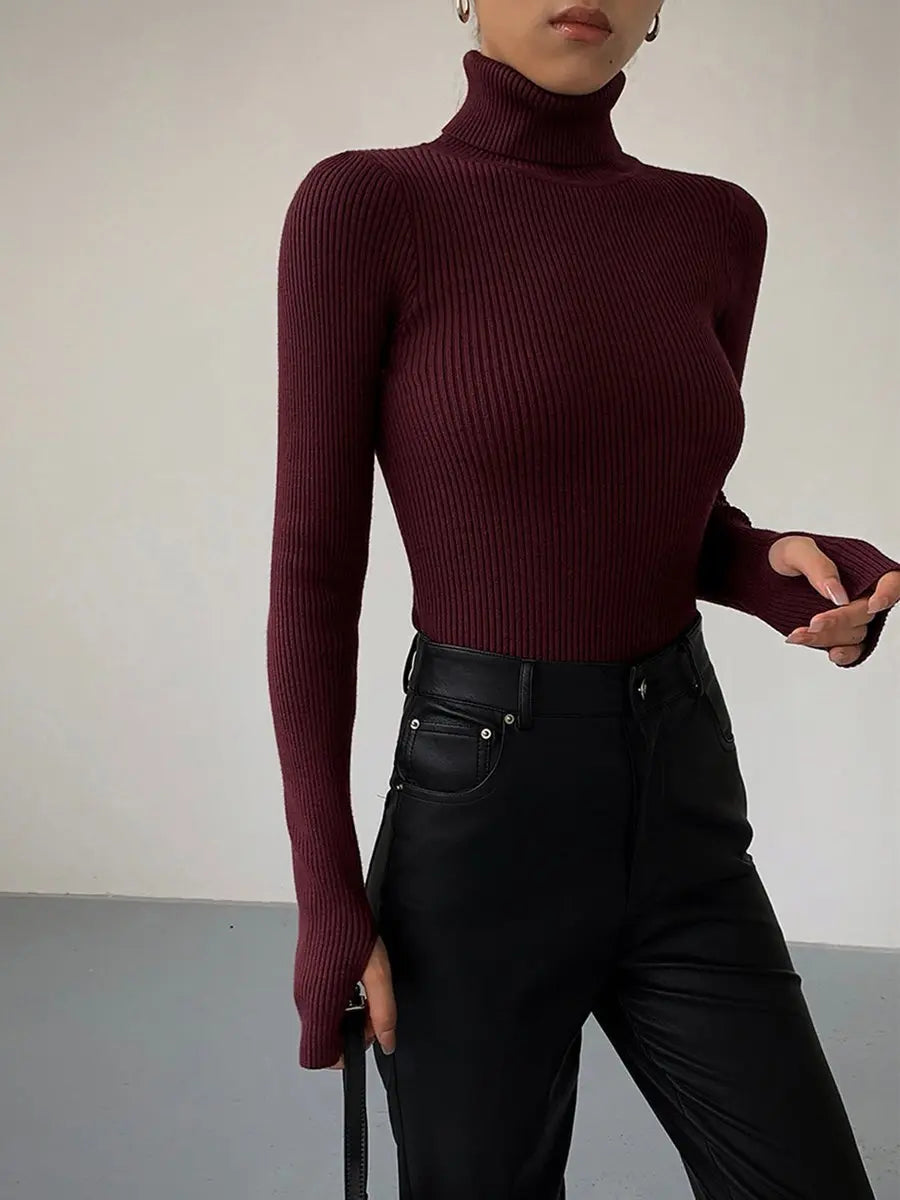 Suéter de punto acanalado de cuello alto para mujer, ligero y de entretiempo