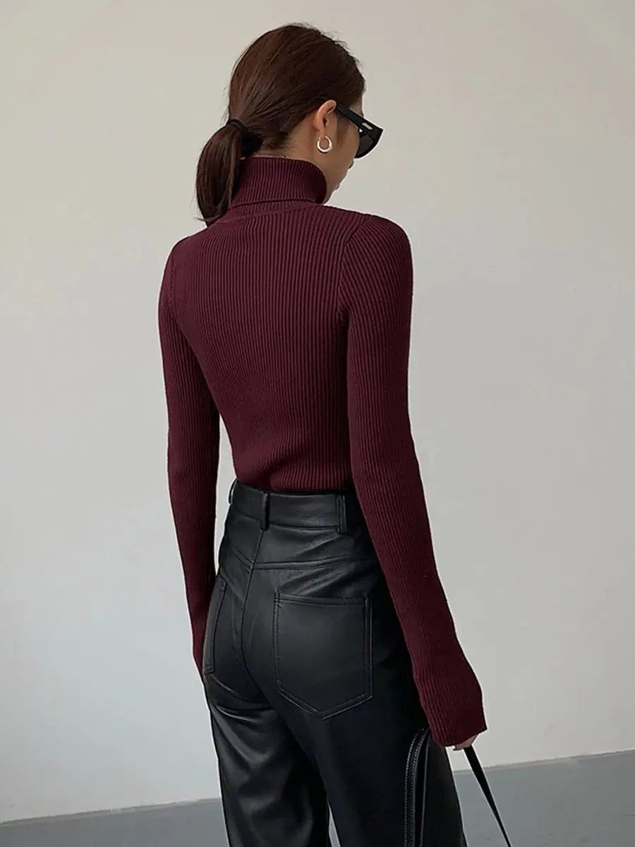 Suéter de punto acanalado de cuello alto para mujer, ligero y de entretiempo