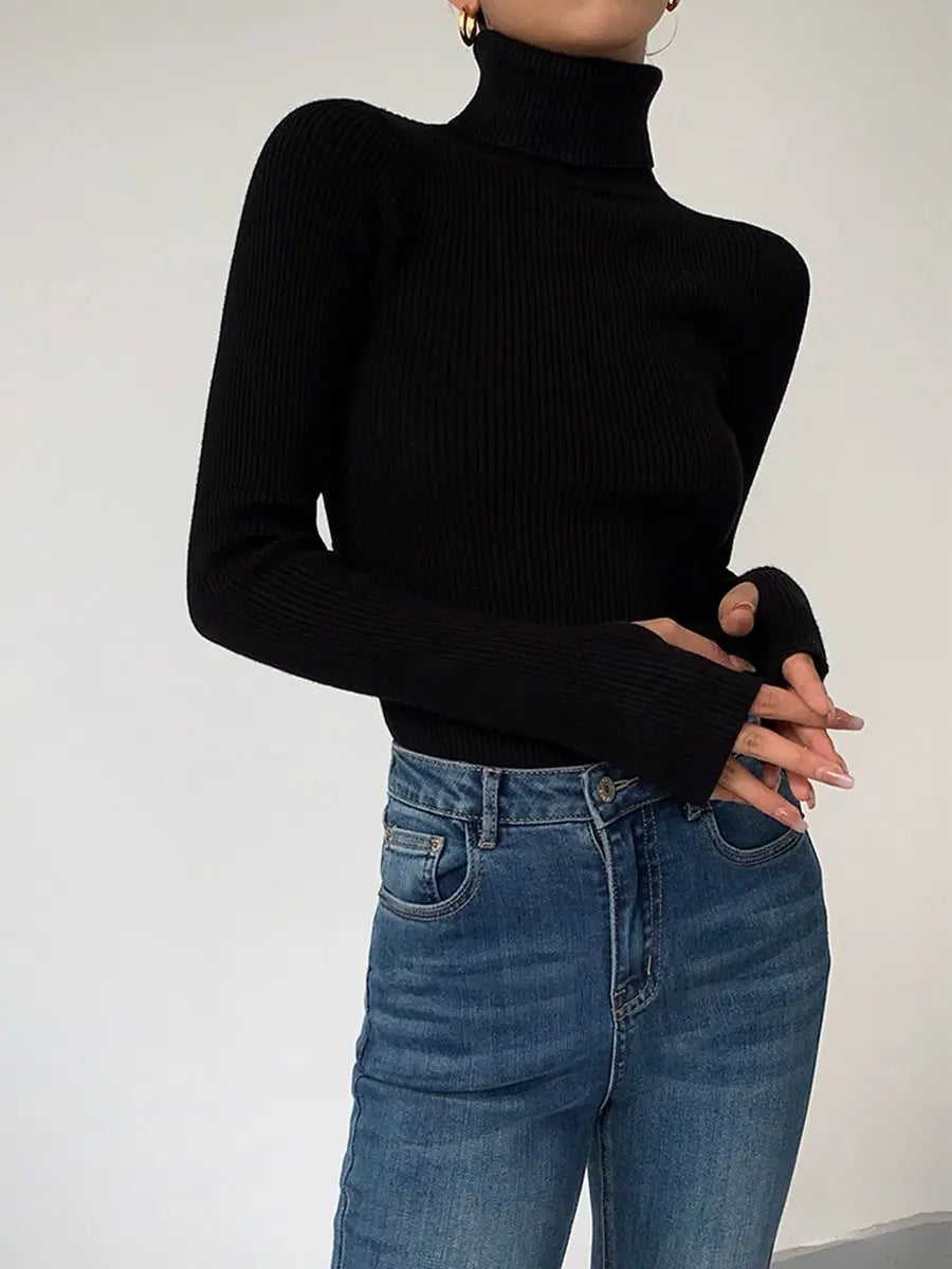 Suéter de punto acanalado de cuello alto para mujer, ligero y de entretiempo