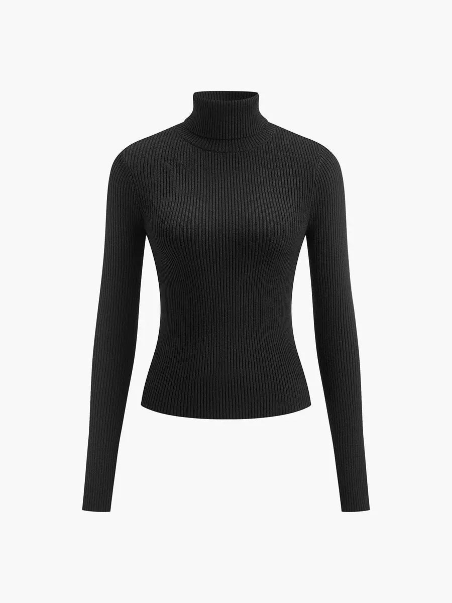 Suéter de punto acanalado de cuello alto para mujer, ligero y de entretiempo