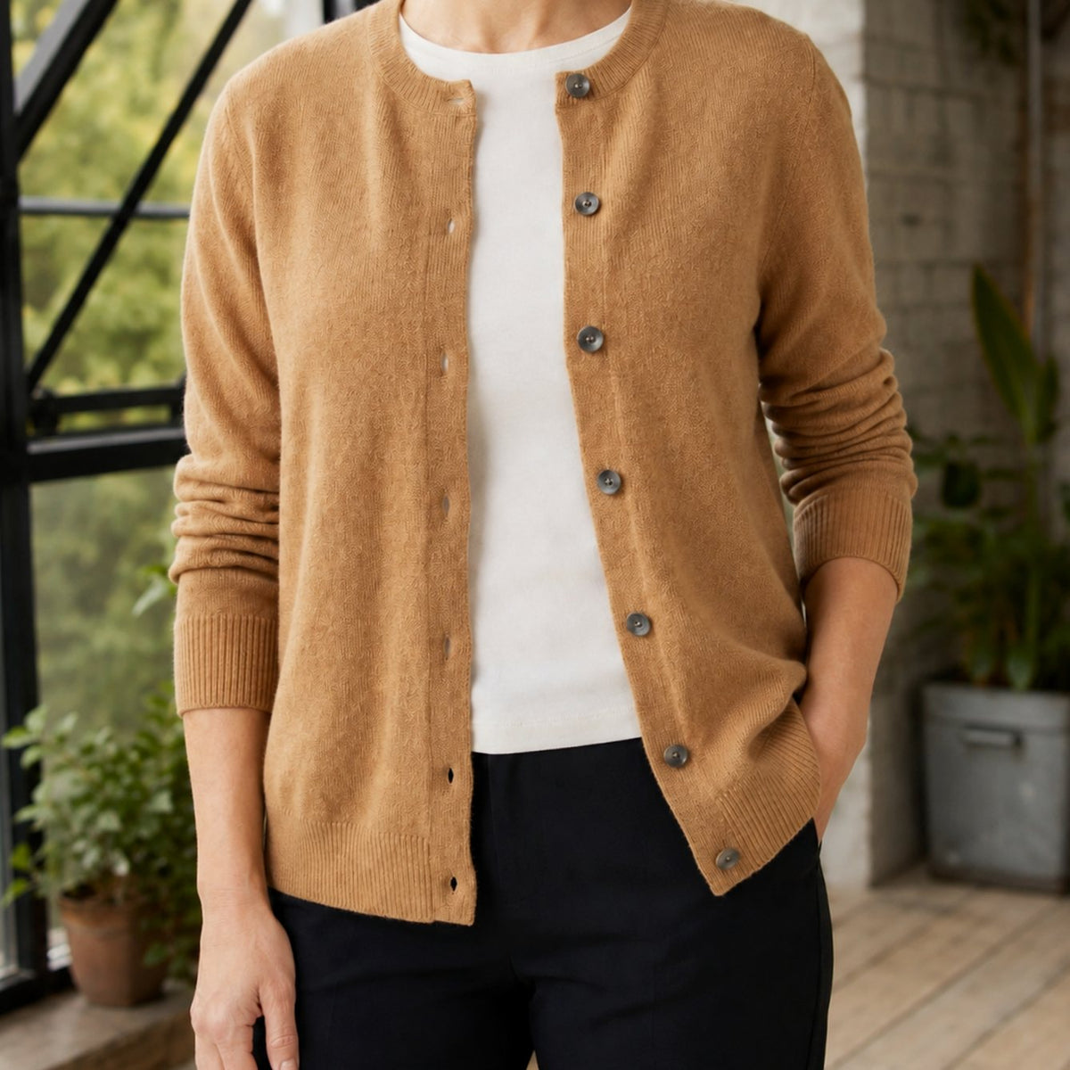 Cárdigan de punto para mujer con cuello redondo y botones delanteros