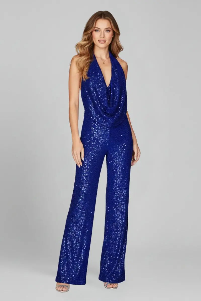 Mono de mujer de lentejuelas, con escote halter drapeado y pantalón de pierna ancha