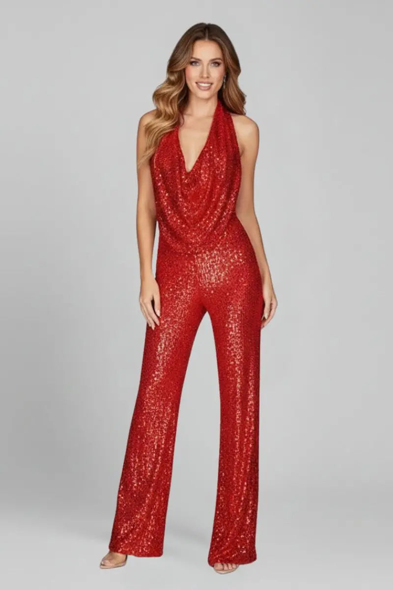 Mono de mujer de lentejuelas, con escote halter drapeado y pantalón de pierna ancha