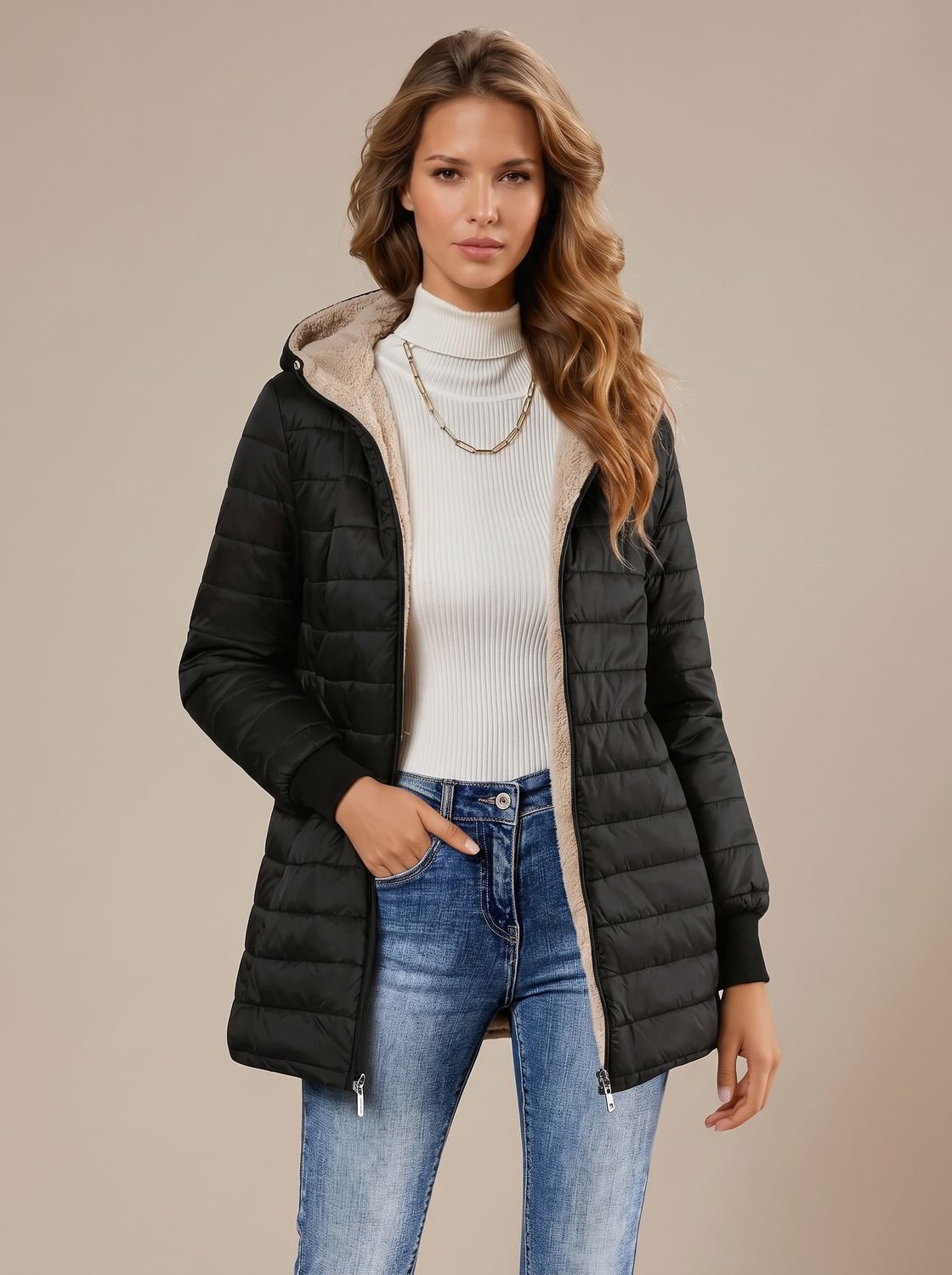 Willow | Abrigo acolchado de invierno para mujer con capucha y forro de borreguito