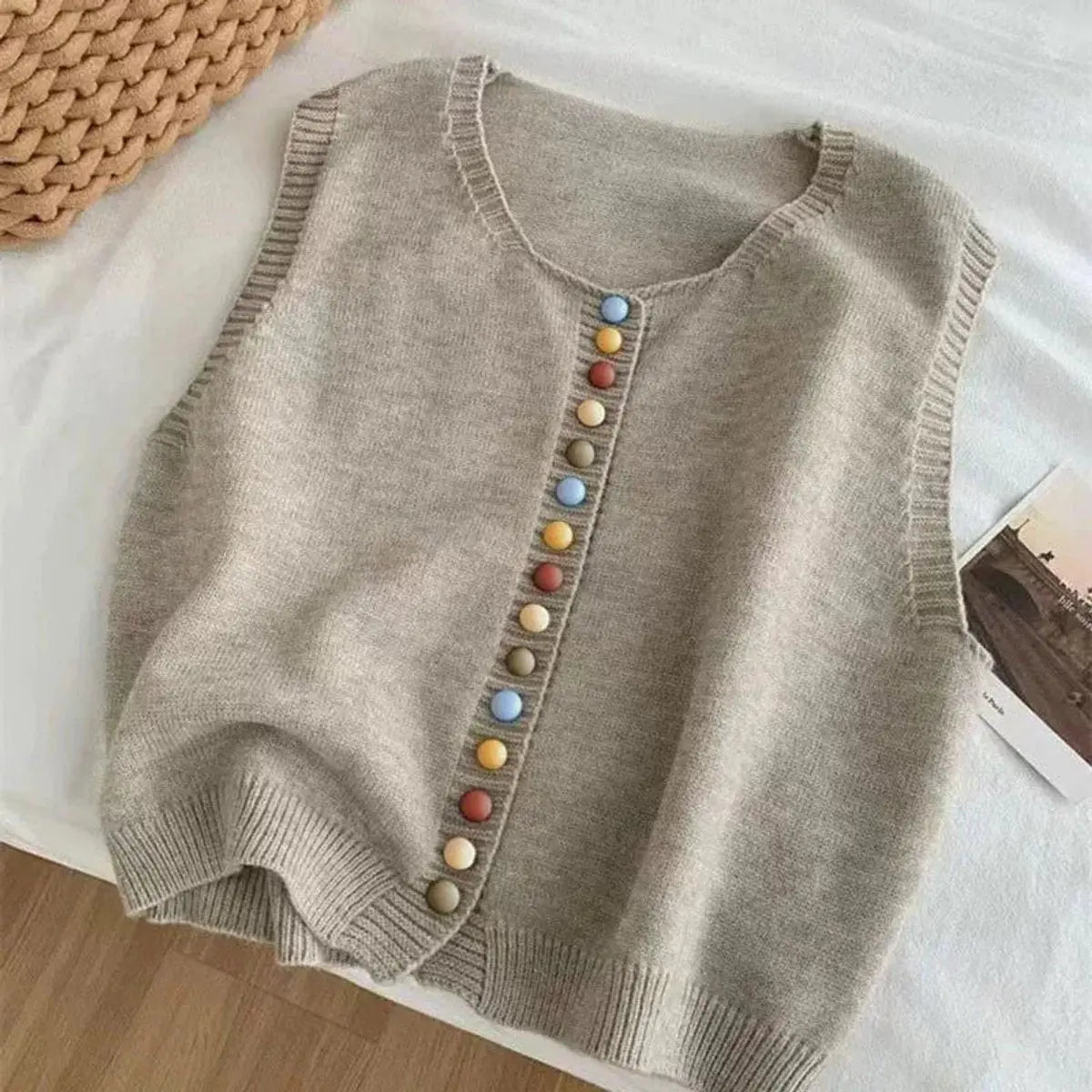 Chaleco cárdigan de punto para mujer, sin mangas y con botones delanteros