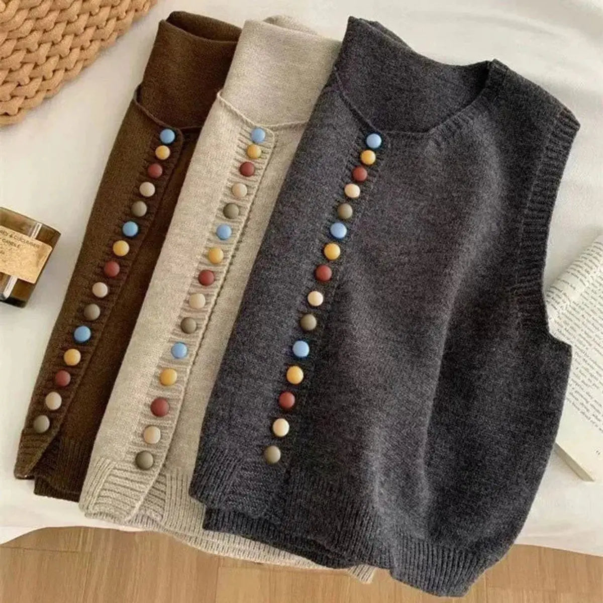 Chaleco cárdigan de punto para mujer, sin mangas y con botones delanteros