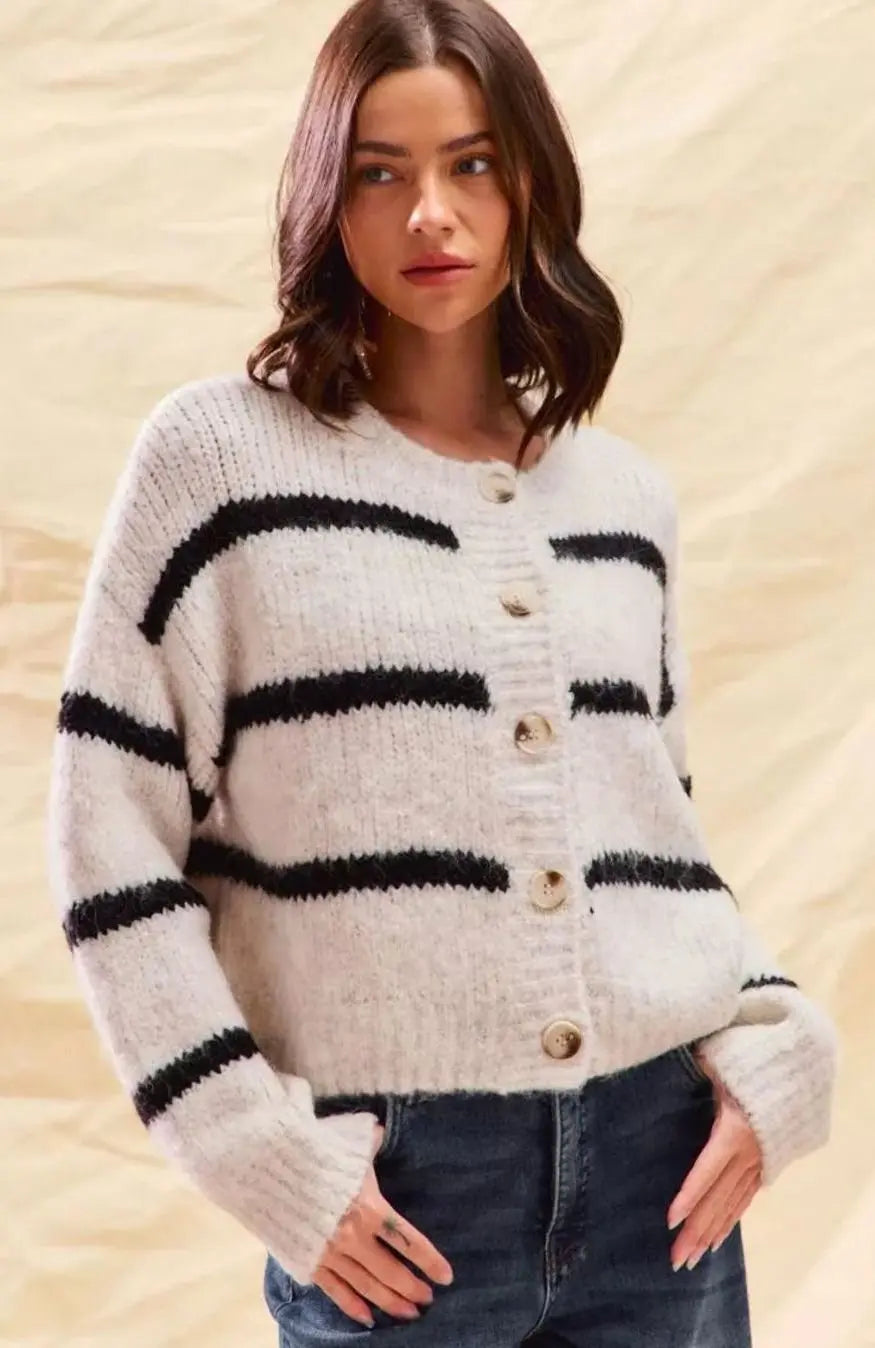 Cárdigan de punto de invierno a rayas para mujer, con botones frontales
