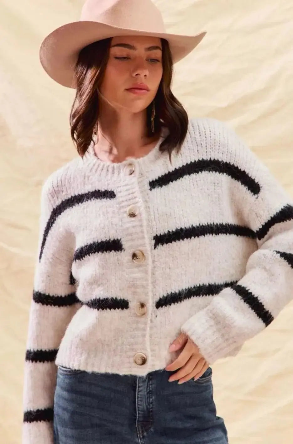 Cárdigan de punto de invierno a rayas para mujer, con botones frontales