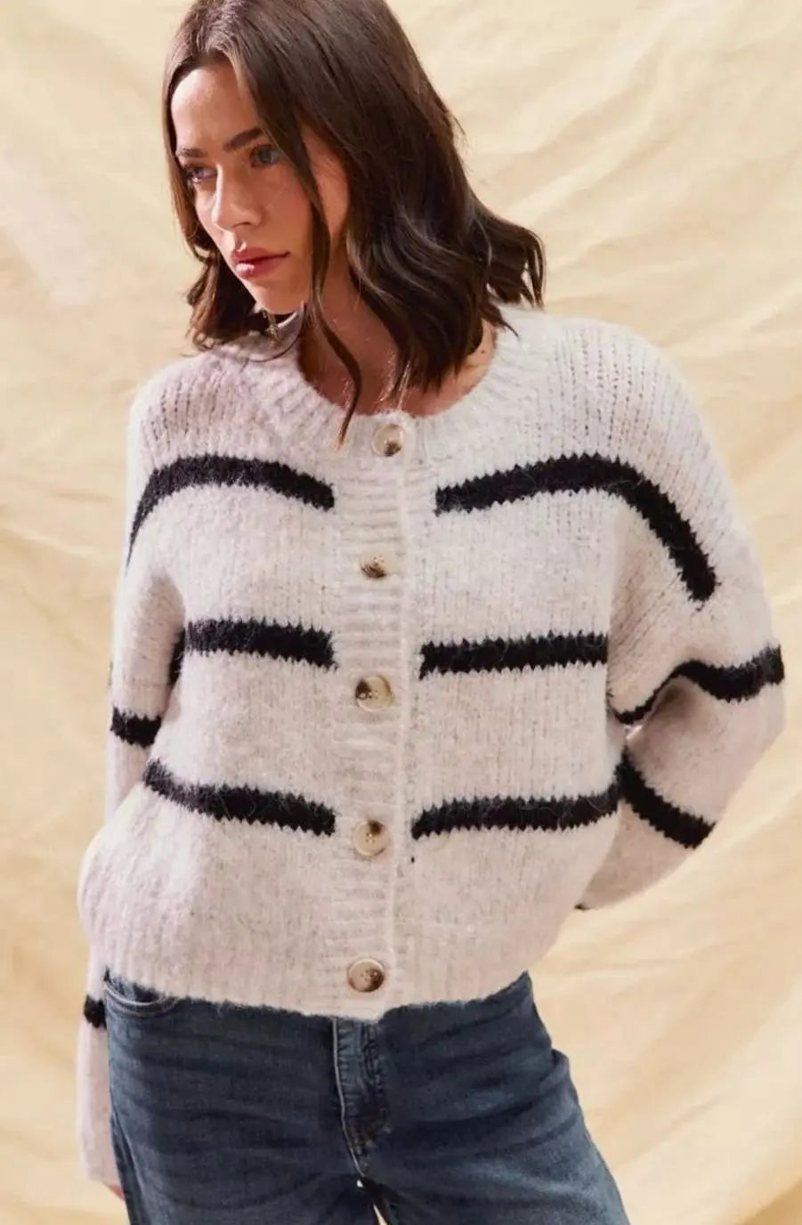Cárdigan de punto de invierno a rayas para mujer, con botones frontales