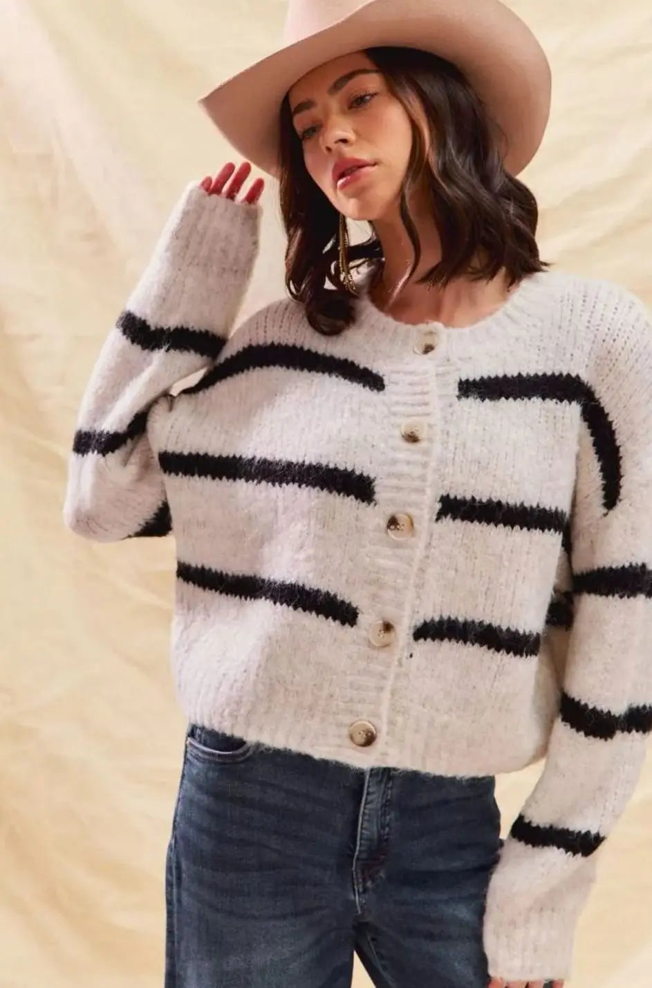 Cárdigan de punto de invierno a rayas para mujer, con botones frontales