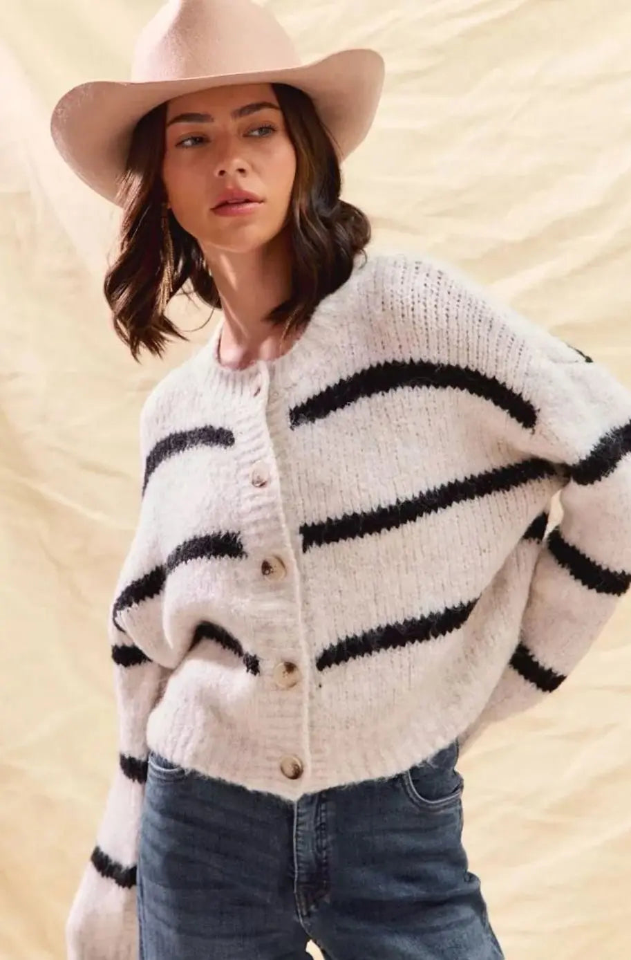 Cárdigan de punto de invierno a rayas para mujer, con botones frontales