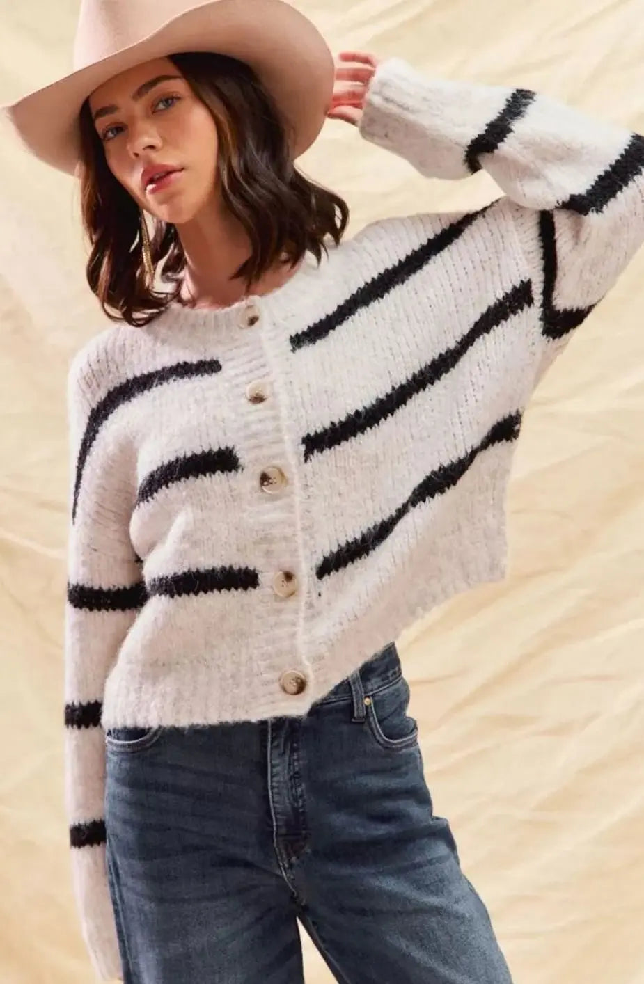 Cárdigan de punto de invierno a rayas para mujer, con botones frontales