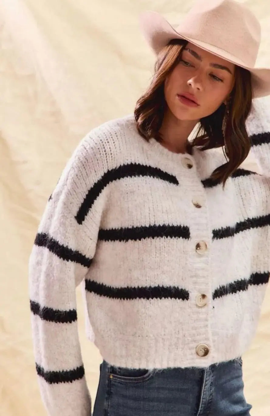 Cárdigan de punto de invierno a rayas para mujer, con botones frontales