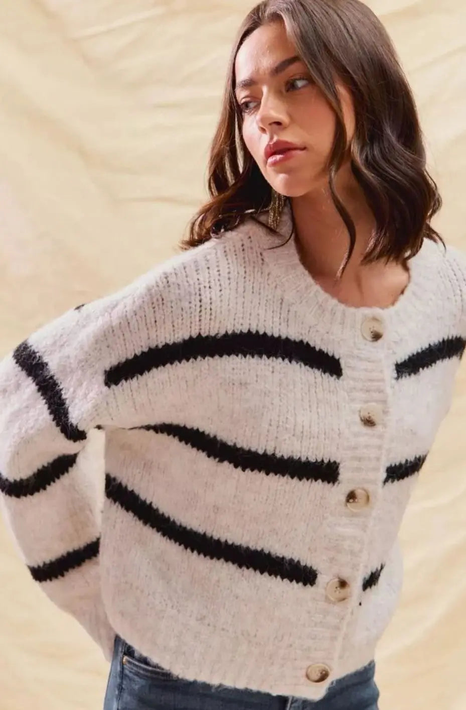 Cárdigan de punto de invierno a rayas para mujer, con botones frontales