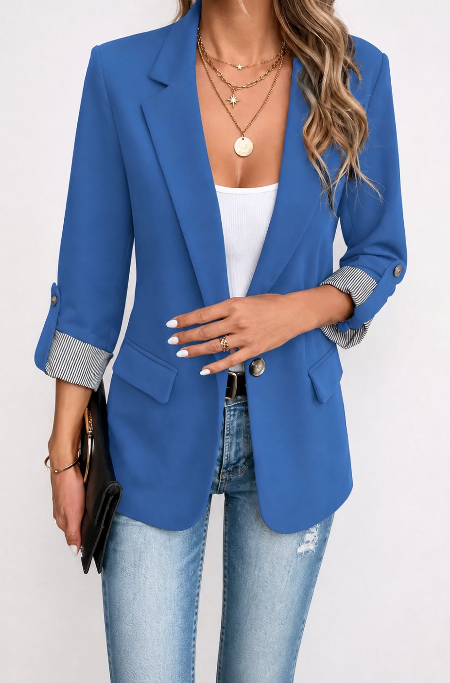 Blazer de corte suave para mujer, con puños a rayas y mangas remangables, azul