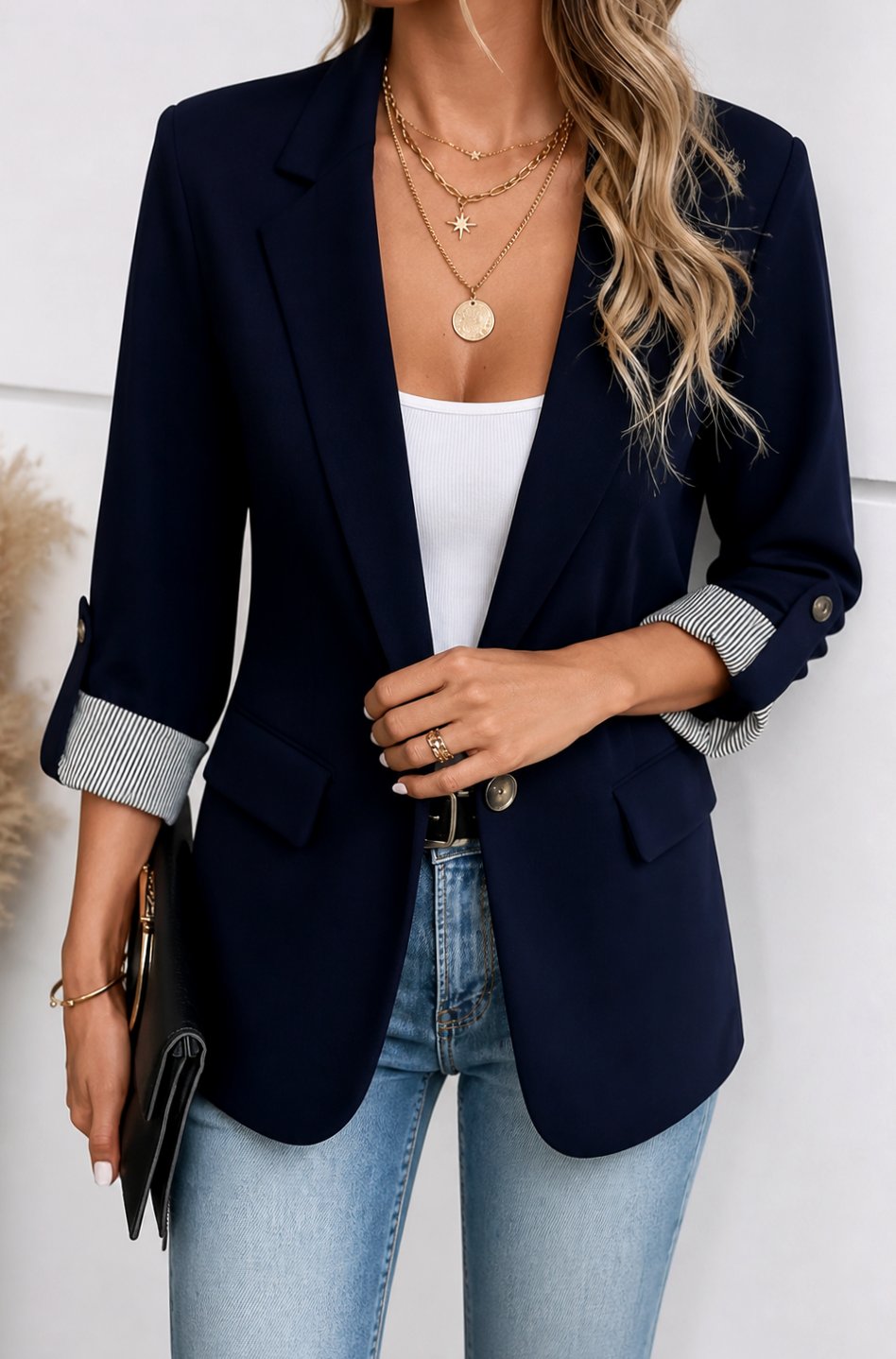 Blazer de corte suave para mujer, con puños a rayas y mangas remangables, azul