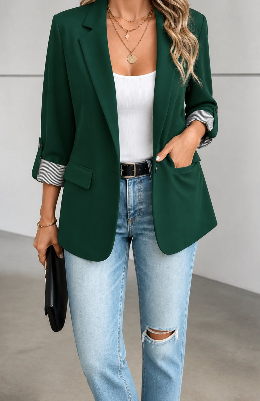Blazer de corte suave para mujer, con puños a rayas y mangas remangables, azul