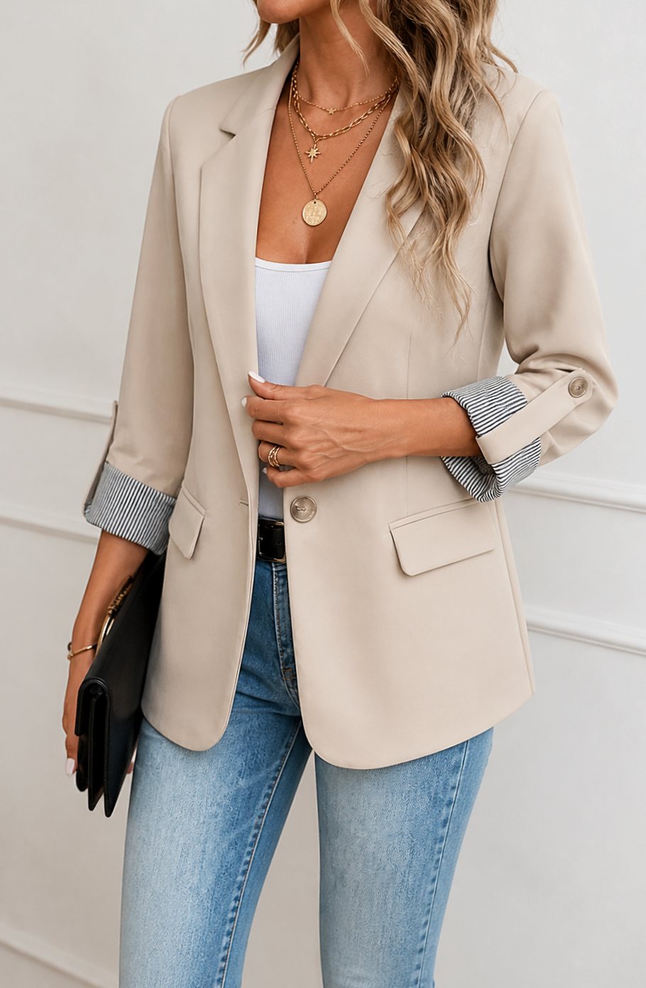 Blazer de corte suave para mujer, con puños a rayas y mangas remangables, azul
