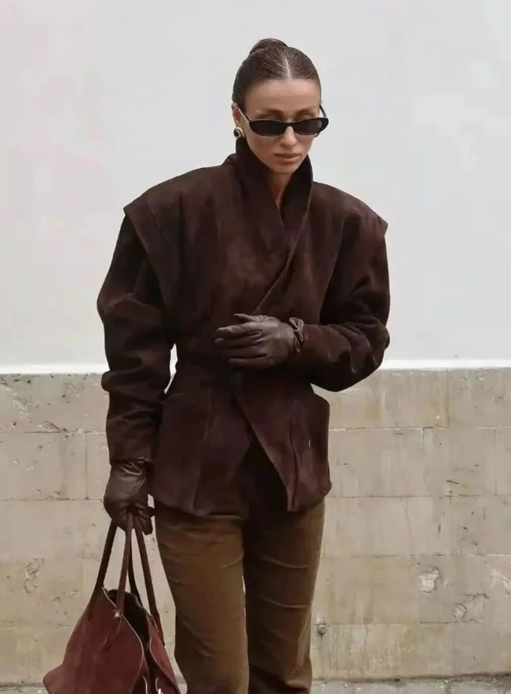 Chaqueta blazer cruzada estructurada de ante sintético para mujer