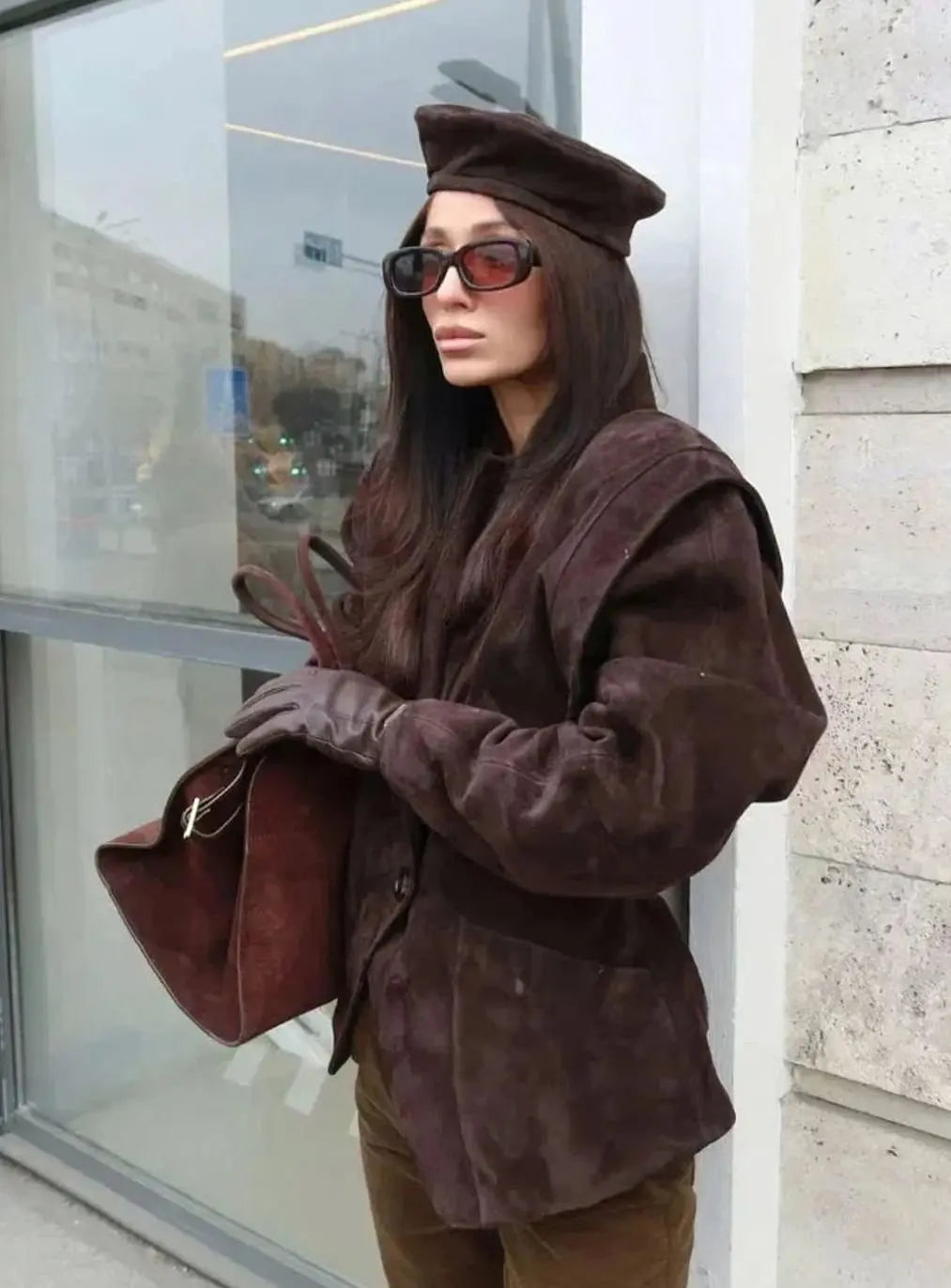 Chaqueta blazer cruzada estructurada de ante sintético para mujer