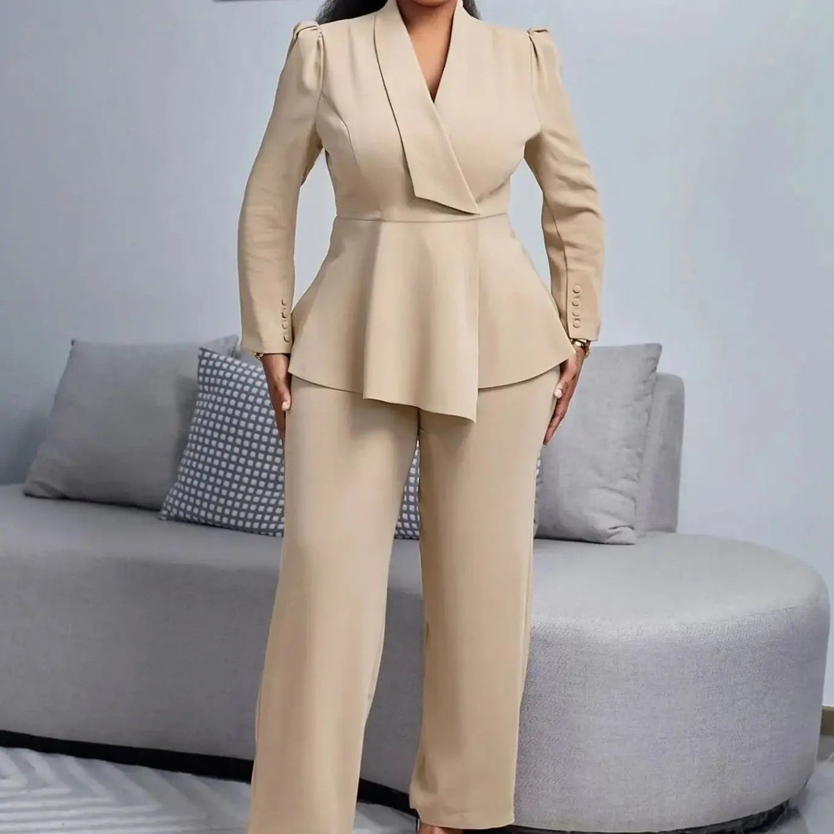 Conjunto de traje entallado para mujer, con blazer péplum y pantalón de pierna ancha