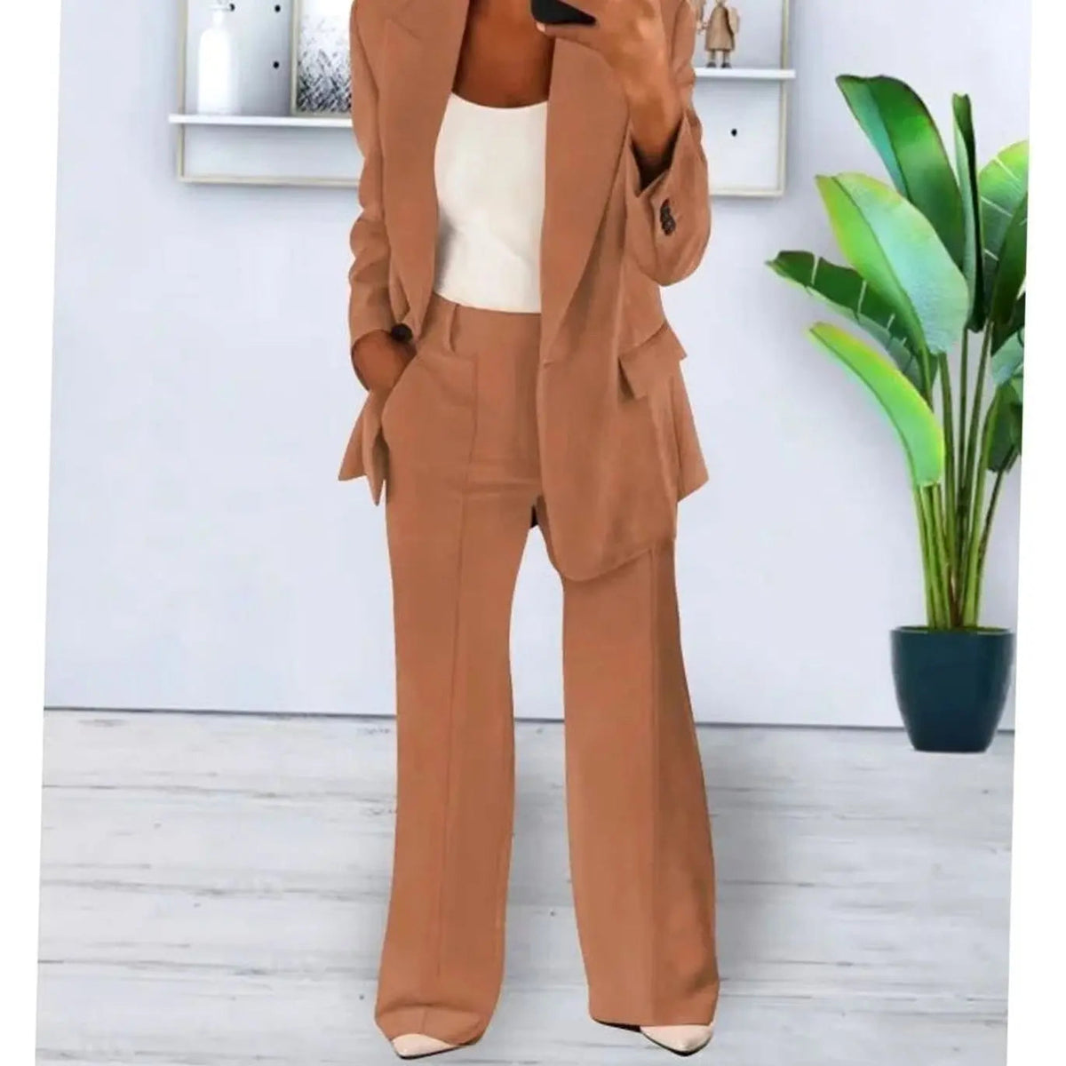 Conjunto de traje de dos piezas entallado para mujer, con blazer largo y pantalón de pierna ancha