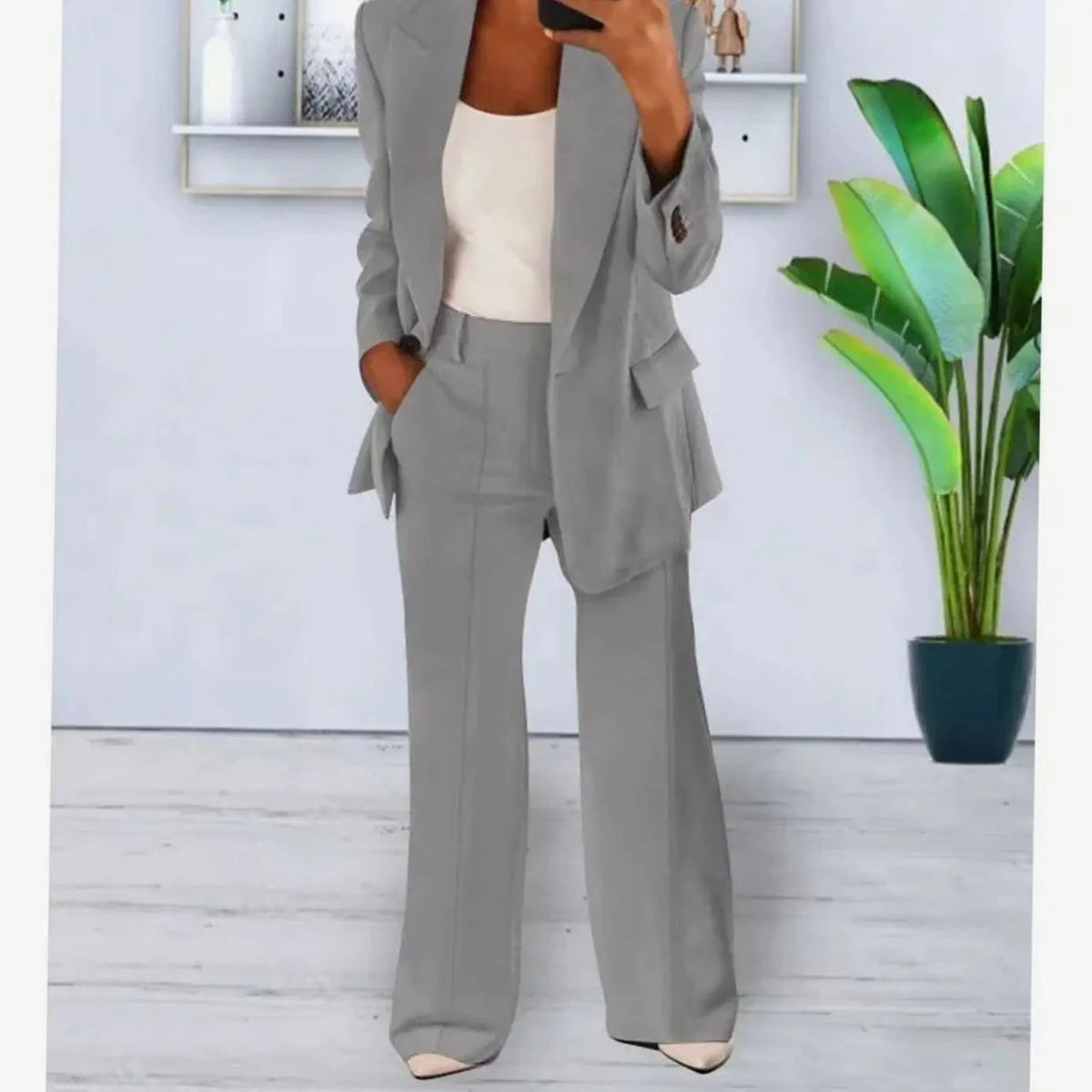 Conjunto de traje de dos piezas entallado para mujer, con blazer largo y pantalón de pierna ancha