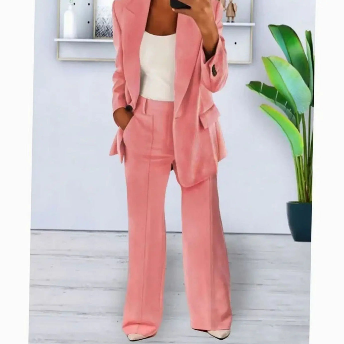 Conjunto de traje de dos piezas entallado para mujer, con blazer largo y pantalón de pierna ancha