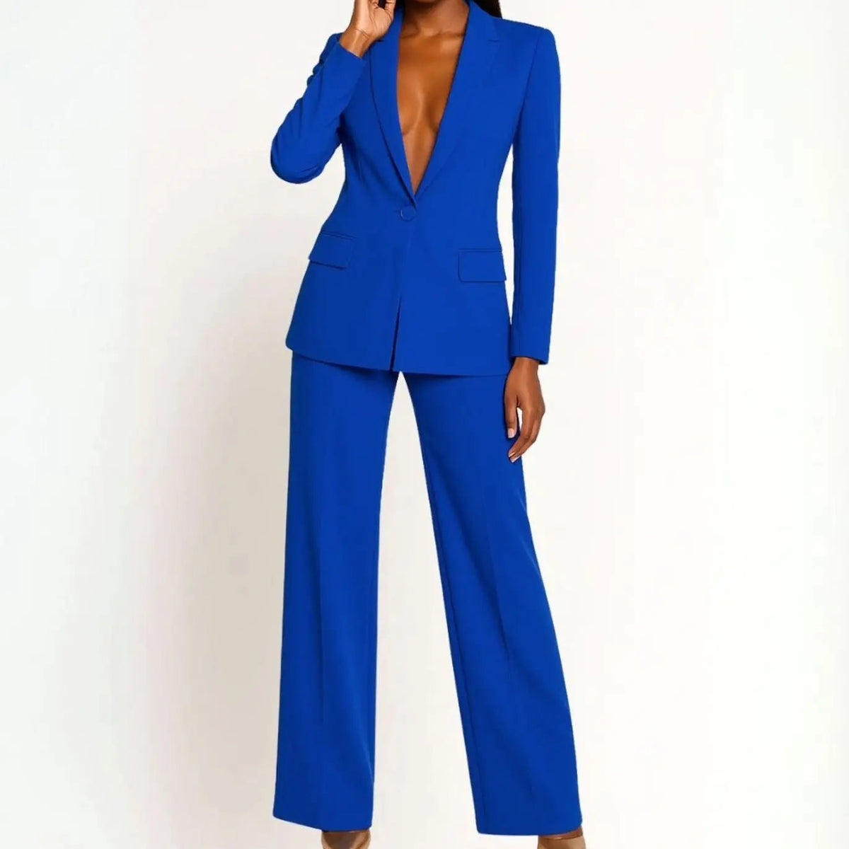 Conjunto de traje de blazer entallado y pantalón de pierna ancha para mujer