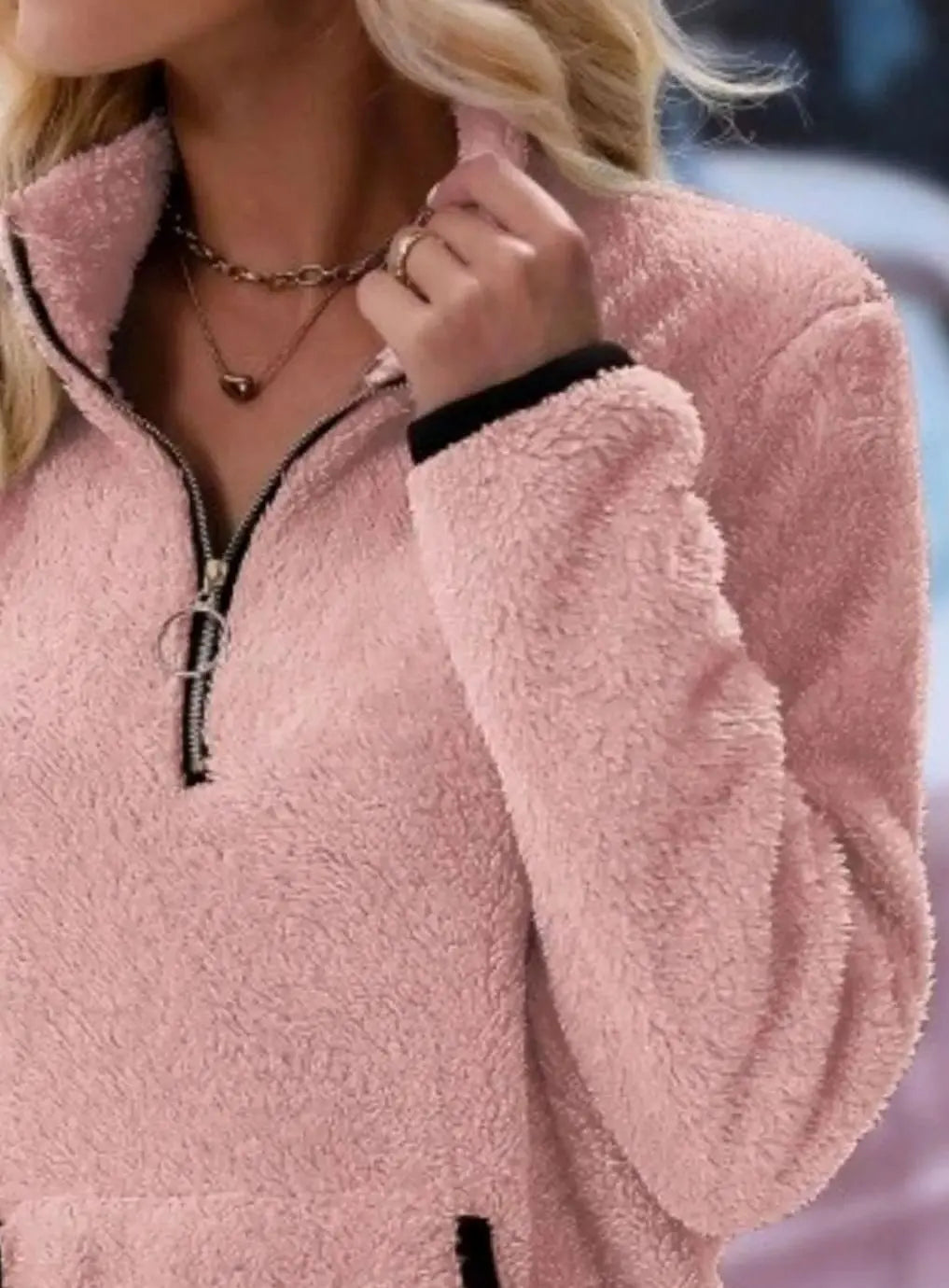 Jersey de forro polar tipo teddy con media cremallera y bolsillo tipo canguro para mujer