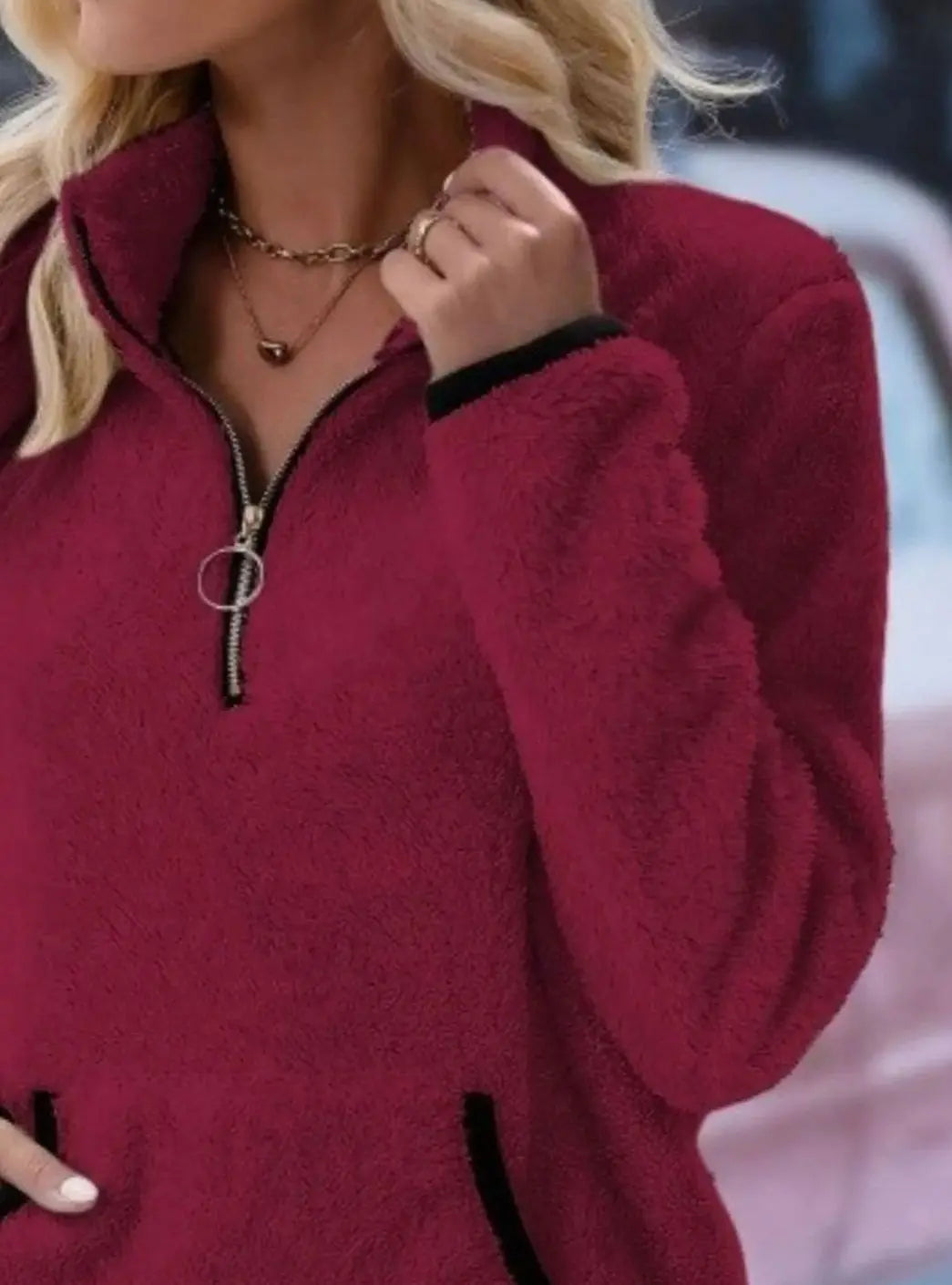 Jersey de forro polar tipo teddy con media cremallera y bolsillo tipo canguro para mujer