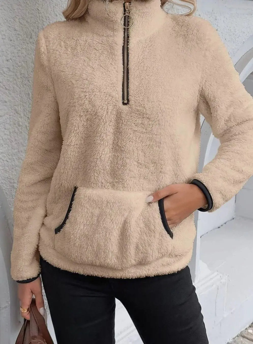 Jersey de forro polar tipo teddy con media cremallera y bolsillo tipo canguro para mujer