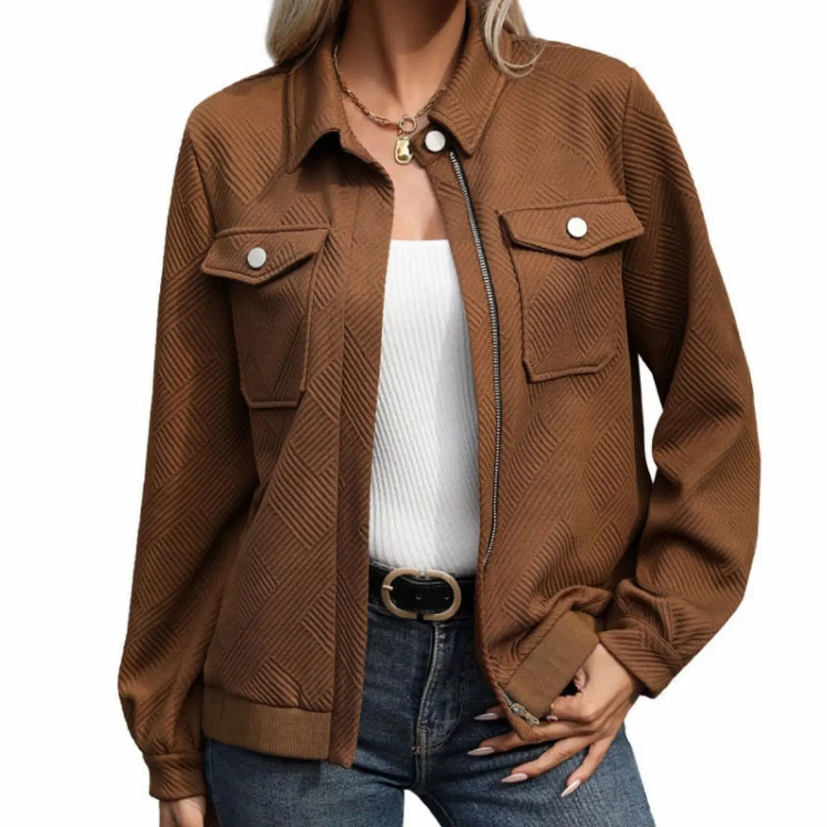 Chaqueta de manga larga texturizada con cremallera para mujer y bolsillos en el pecho