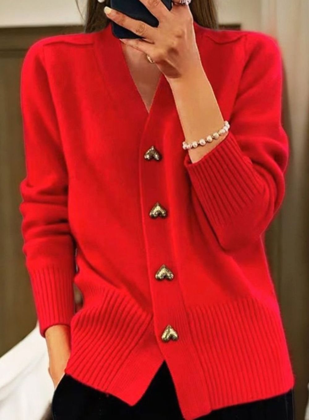 Cárdigan de punto para mujer con escote en V y botones dorados en forma de corazón