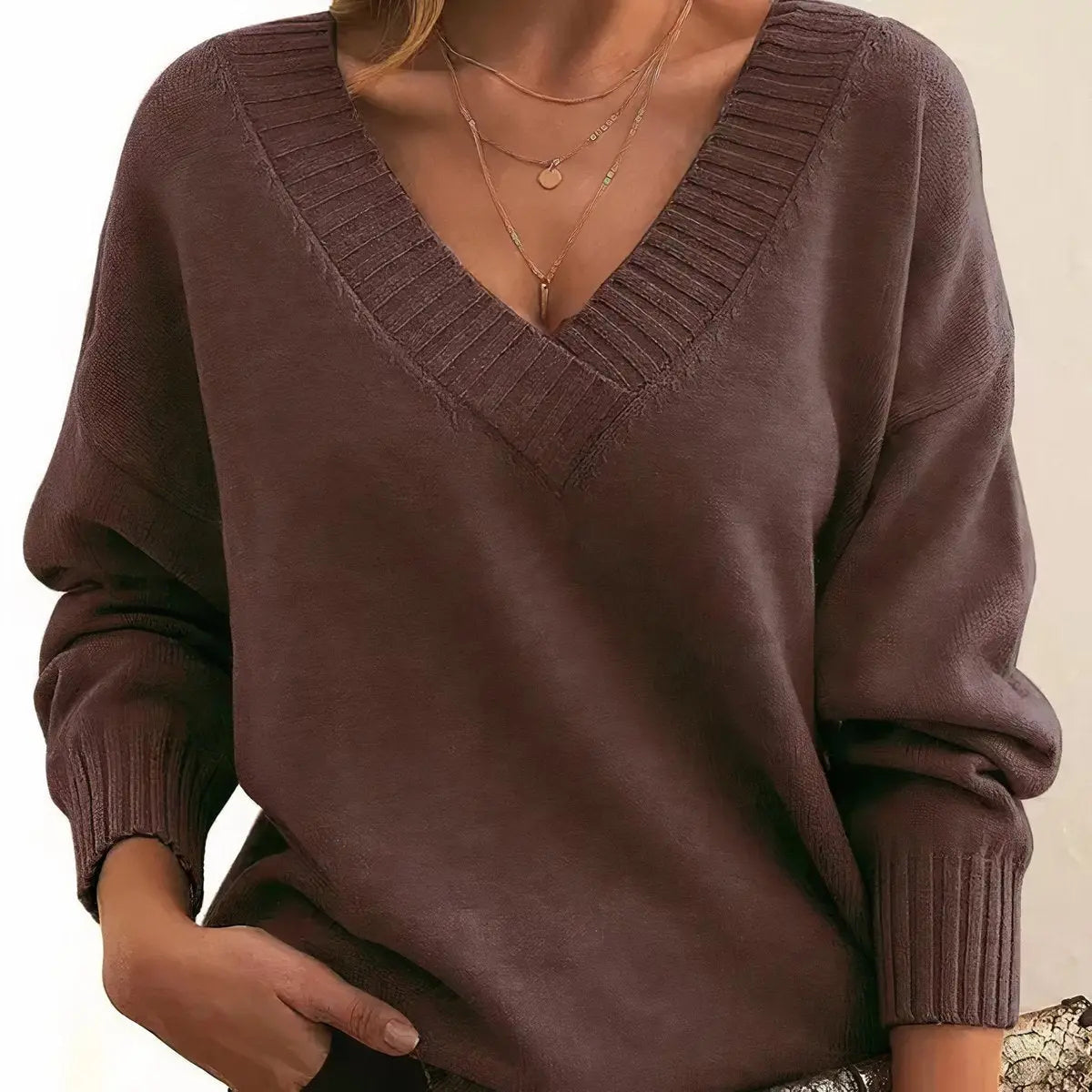 Suéter de punto para mujer con escote en V, mangas largas y cuello redondo