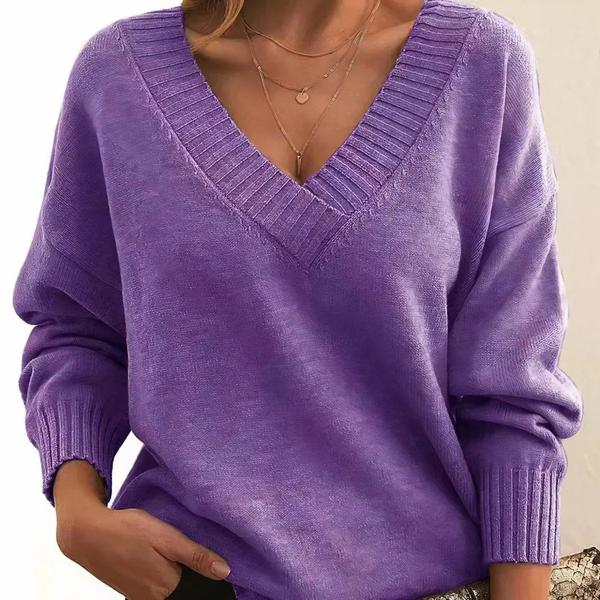 Suéter de punto para mujer con escote en V, mangas largas y cuello redondo