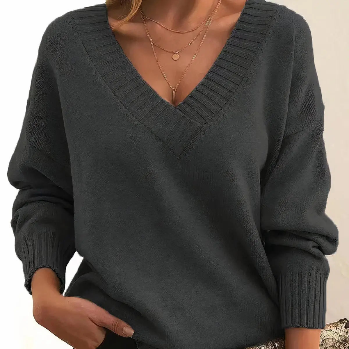 Suéter de punto para mujer con escote en V, mangas largas y cuello redondo